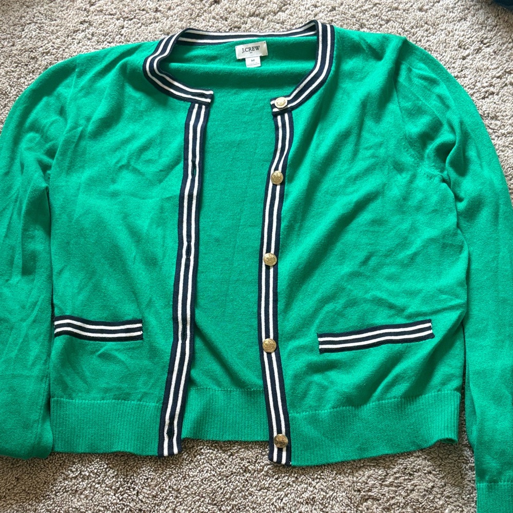 J. Crew Emerald Green Cardigan with Navy & White Trim